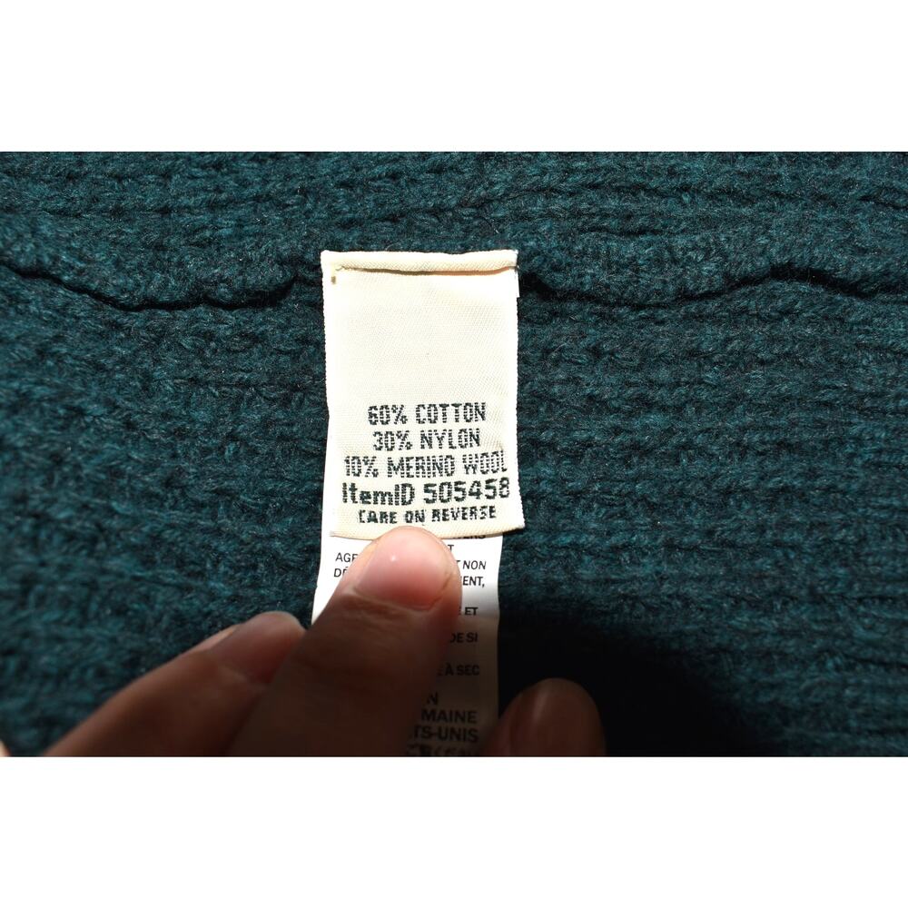 L.L. Bean Sweater Green Large Merino Wool Cotton Open Front Hood Cardigan Knit - Picture 8 of 9
